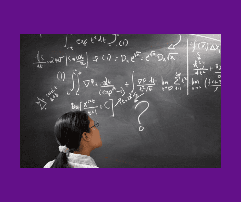 Girl in front of blackboard with complex equations